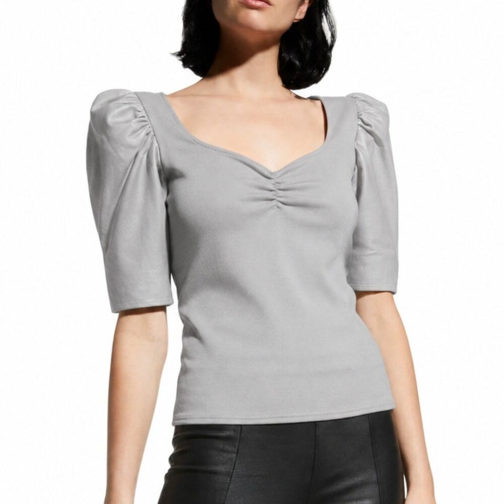 Lamarque Gray Leather Sleeve Knit Top Size S